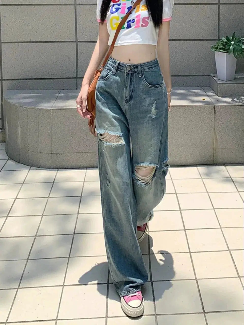 Retro Distressed Wide Leg Denim Jeans Street Style