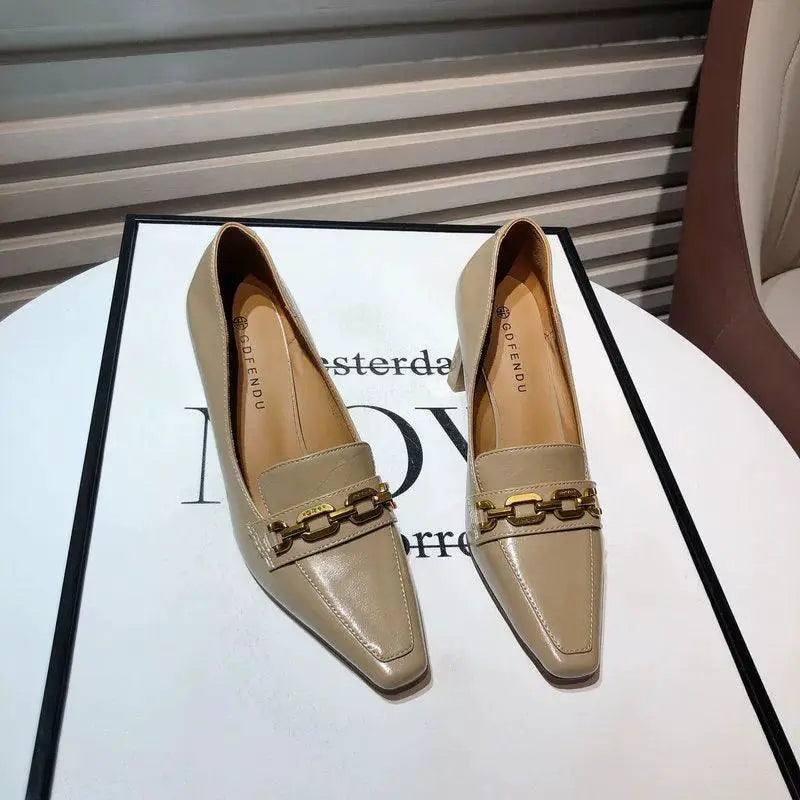 Milk Tea Chunky Heel Shoes Korean Style Square Toe Design