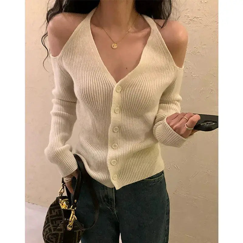 Knitted Halter Cardigan Off Shoulder Winter Wear For Women