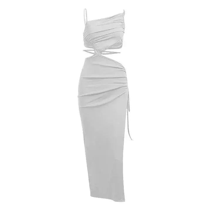 Island Chic White Maxi Dress Asymmetric Drawstring Style