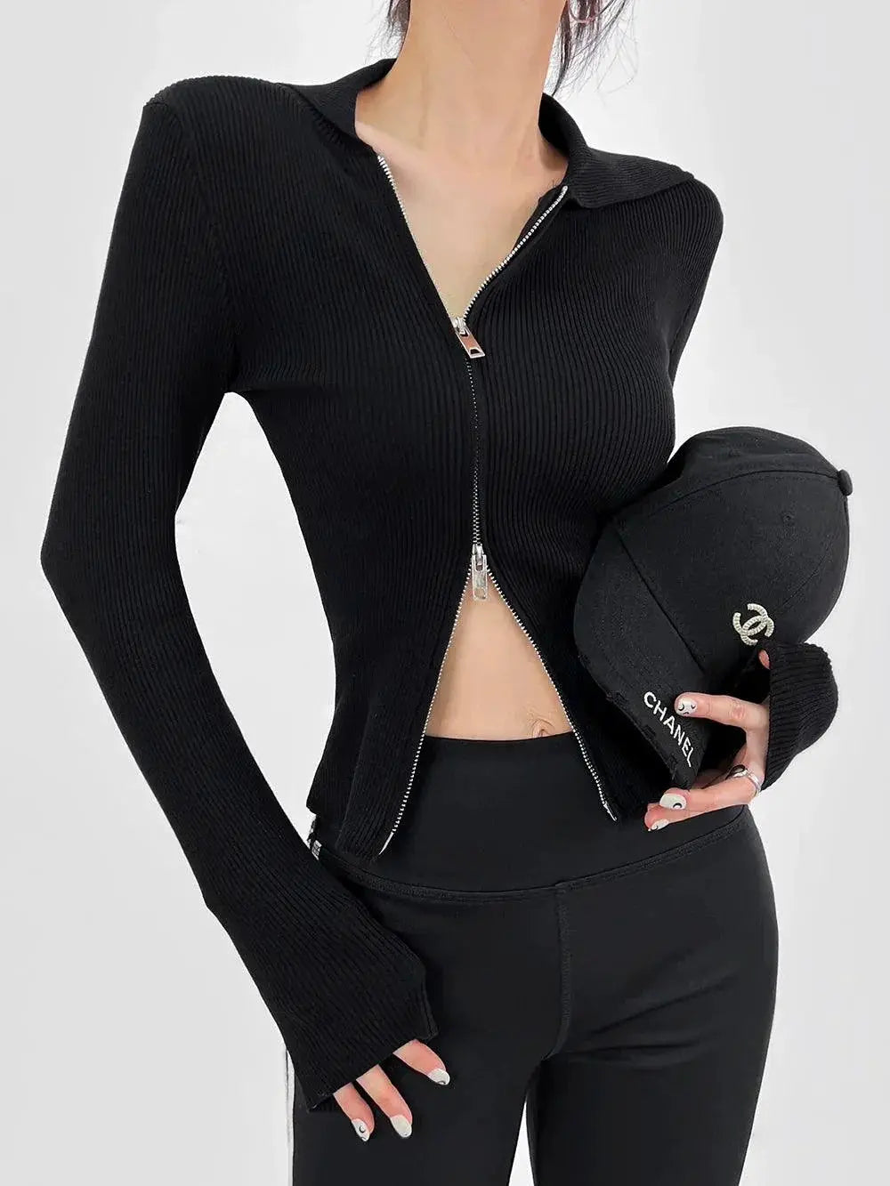 Double Z Asymmetric Zipper V Neck Sweater Chic Style