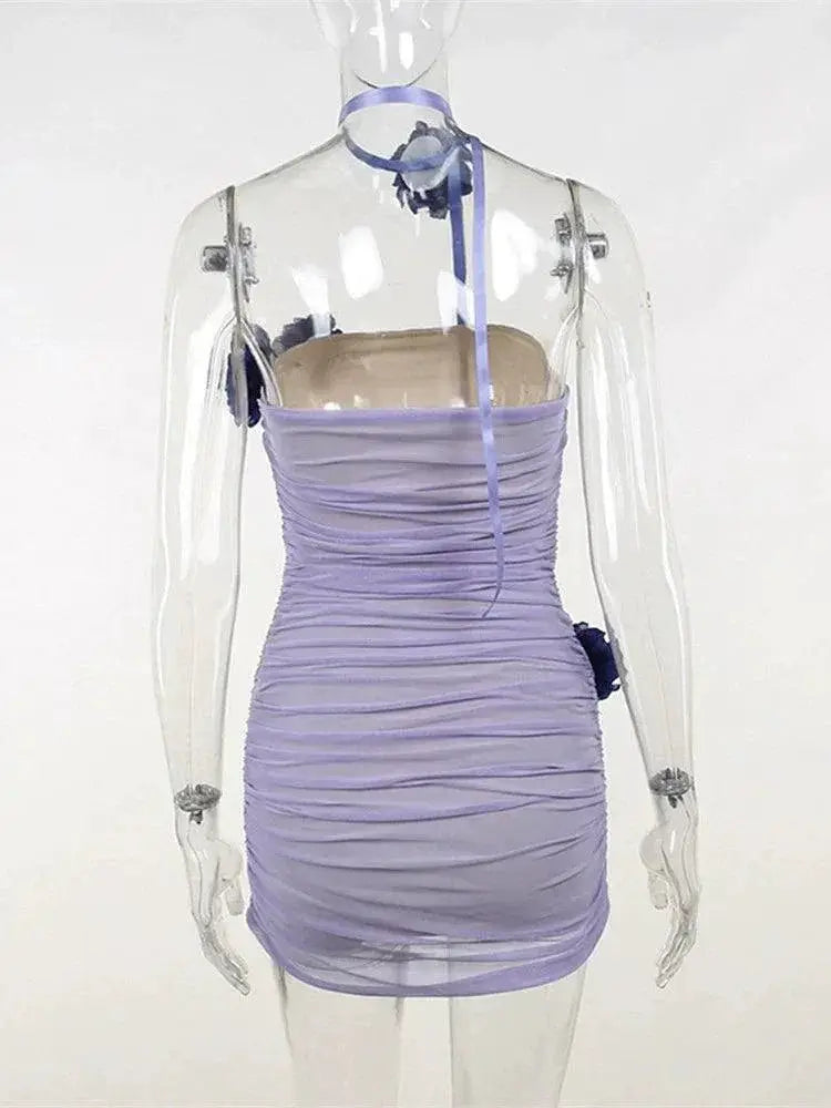 Floral Mesh Dress With 3D Flower Skirt And Scarf Set