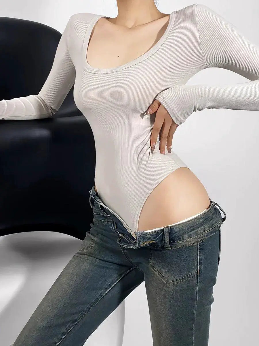 Siamese Fit Long Sleeve U Neck Top Modern Autumn Chic