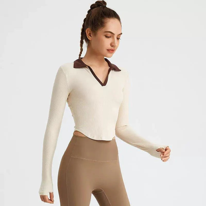 Lapel Contrast Color Maternity Sports Tee for Pregnant Women