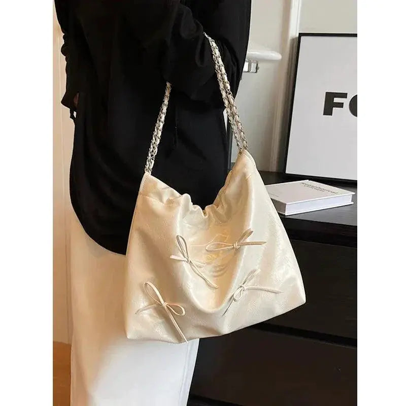 Silver Bow Tote Bag Chic PU Shoulder Bag With Bow Detail