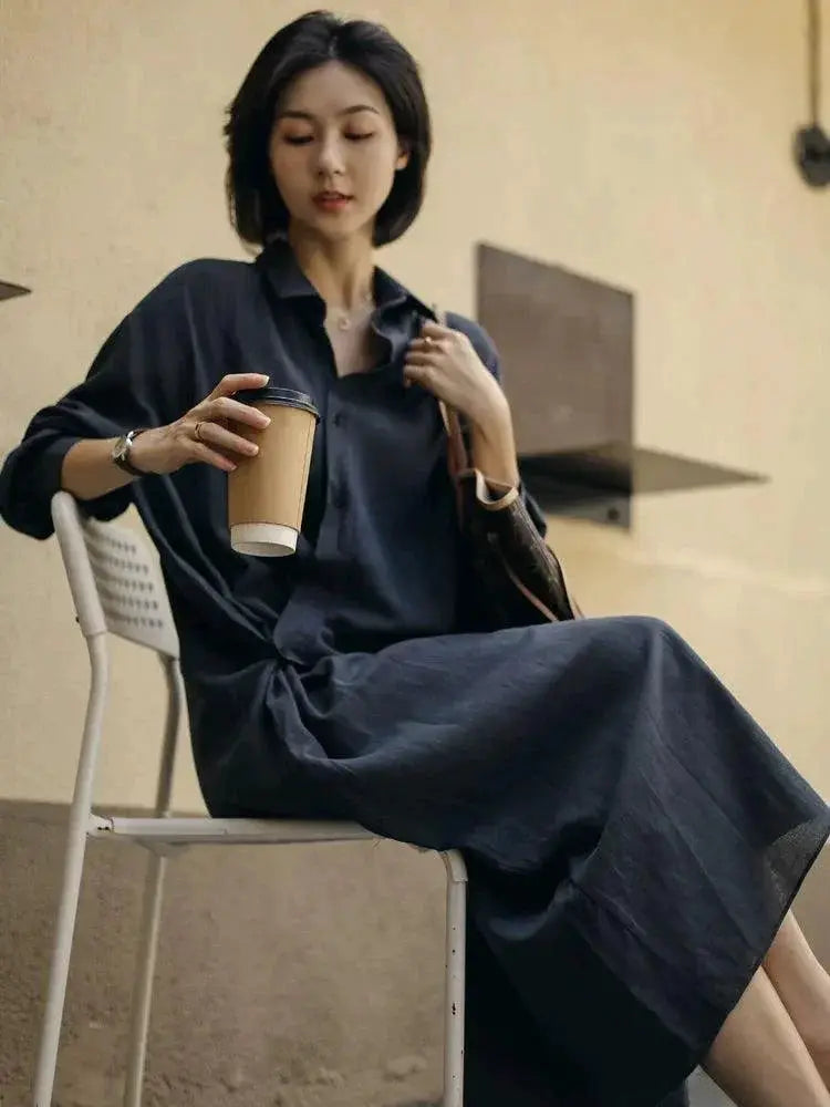 Sensual Shirt Dress Luxury Linen Cotton Polo Overknee Dress