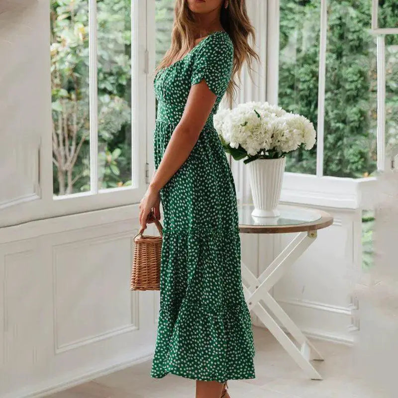 Floral Maxi Dress With Square Collar Spring Fashion