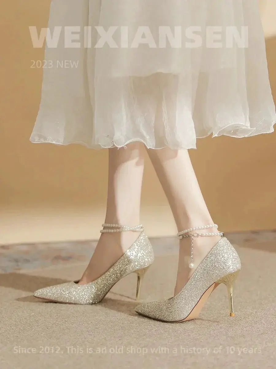 French Gold Ankle Strap High Heels For Elegant Parties