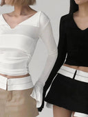 French Chic V-Neck Long Sleeve Top Streetwear Sophistication