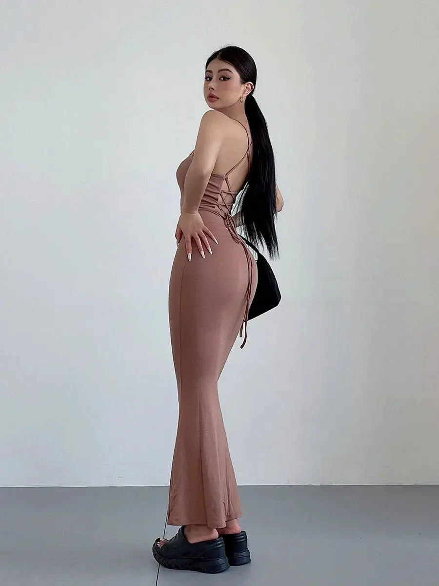 Liviahome American Style Sexy Lace Up Backless Slip Dress