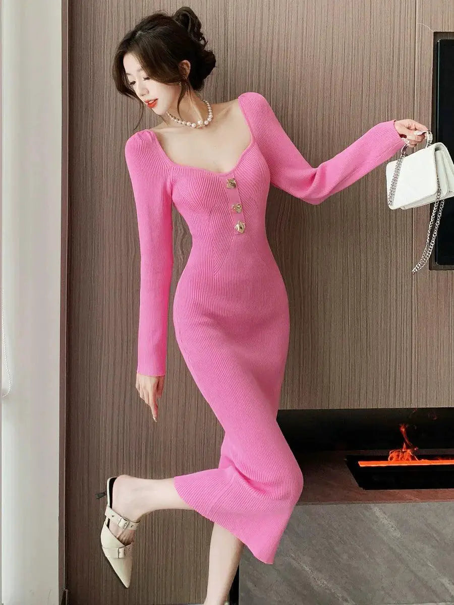 French Square Collar Knit Dress For Autumn Winter Style