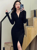 Elegant Red Sheath Dress Autumn Chic V-Neck Style Dress