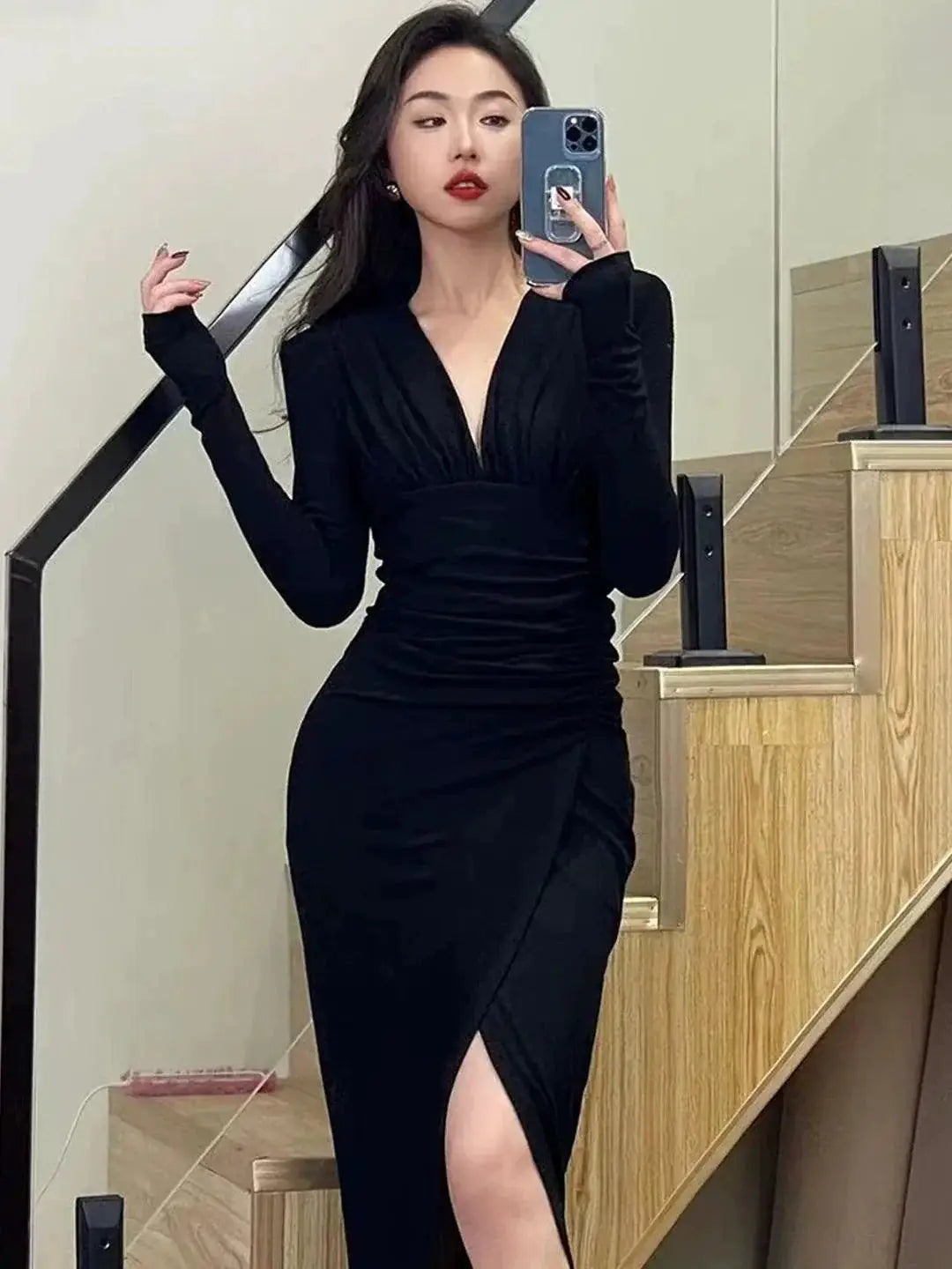 Elegant Red Sheath Dress Autumn Chic V Neck Style Allure