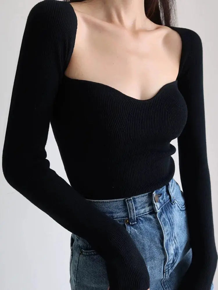 Retro Square Collar Knit Top Urban Fashion Essential Chic