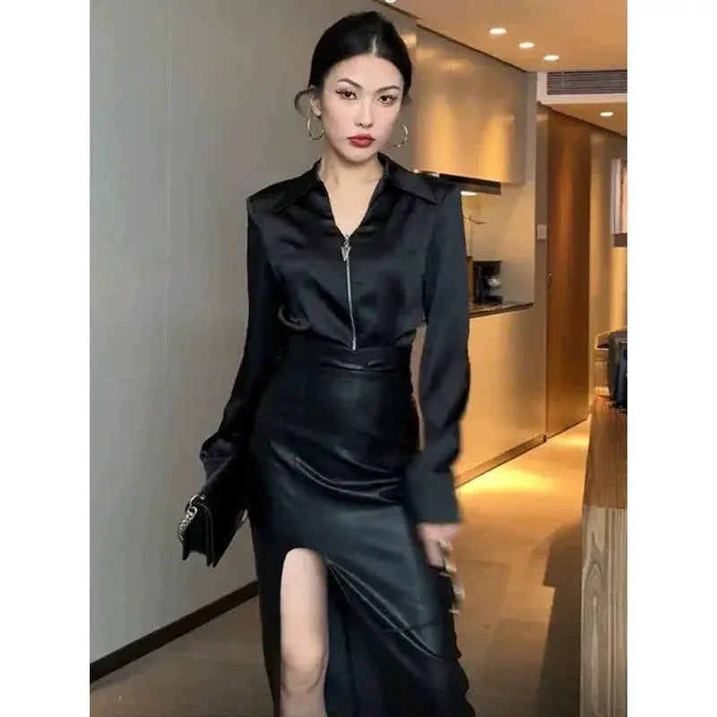 French Satin Zipper Shirt Sophisticated Black Retro Style