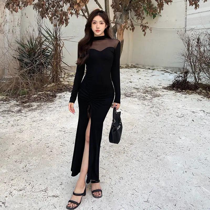 French Mesh Patchwork Dress Chic Autumn Winter Style