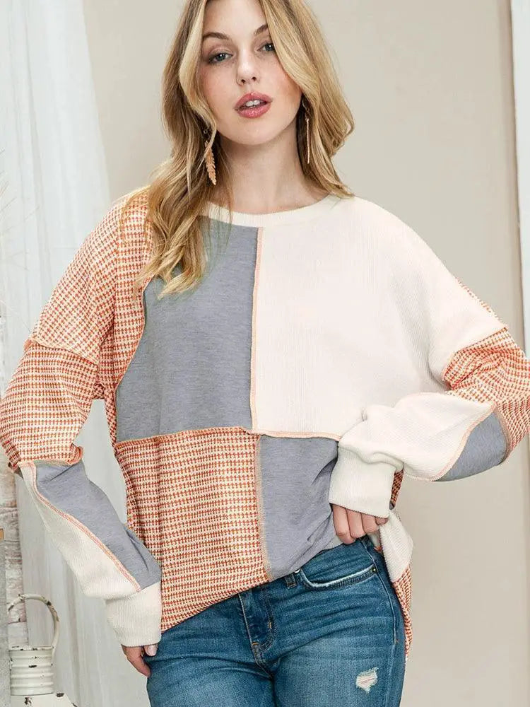 Women Color Block Patchwork Round Neck Pullover T Shirt