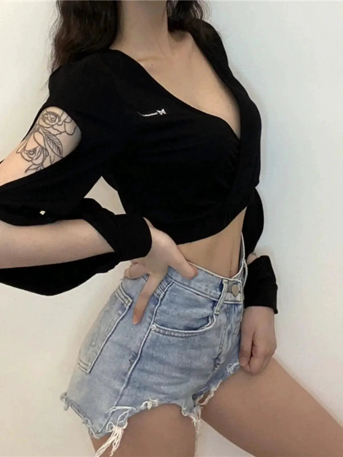 Gagaopt Black V Neck Top With Trendy Cutout Sleeve