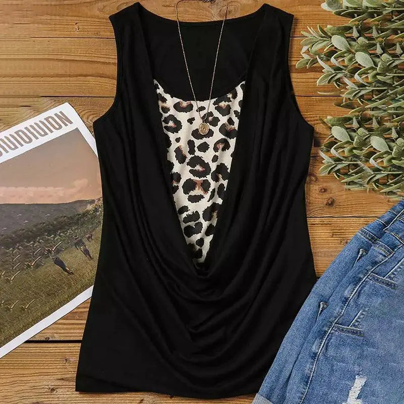 Leopard Print Sleeveless Tops Summer 2024 Splicing Fashion
