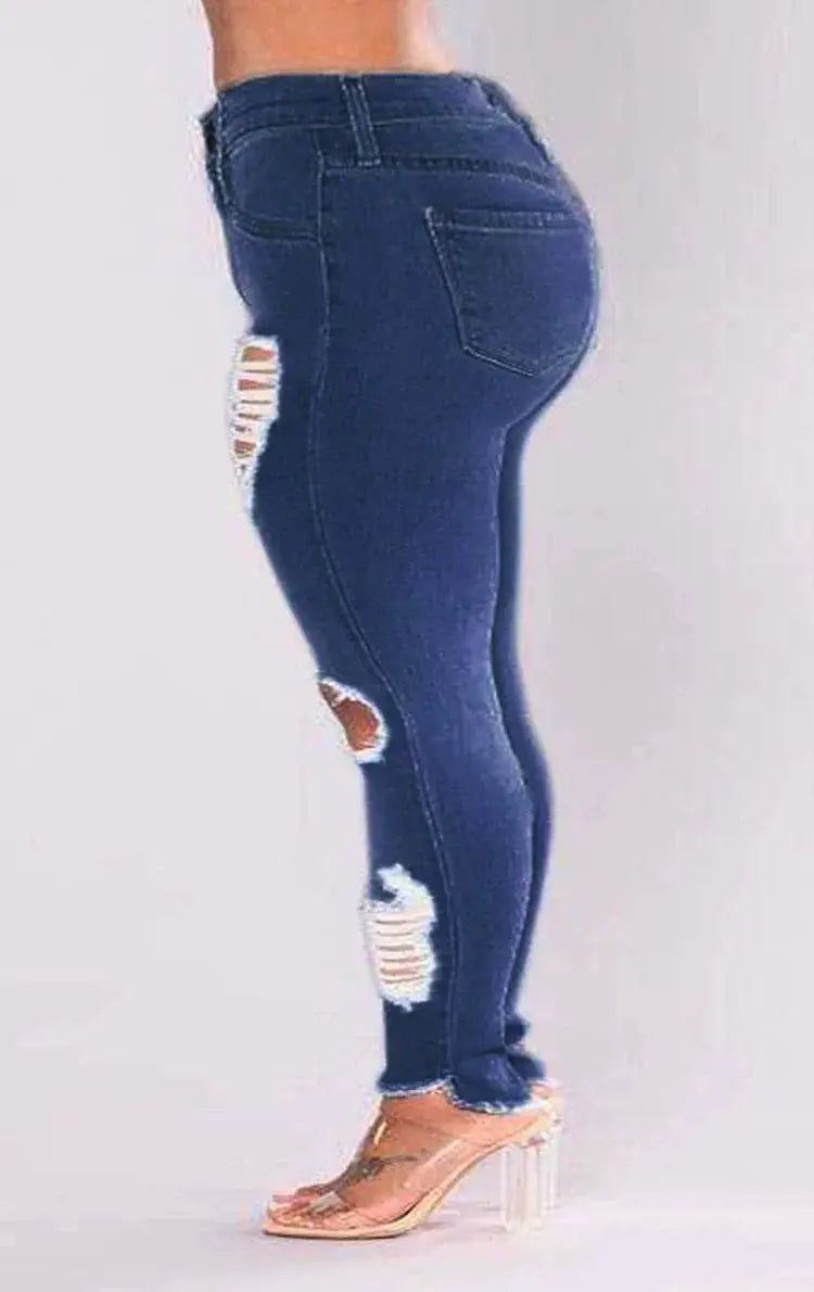 L To 5XL Plus Size Stretch Ripped Jeans High Rise Denim