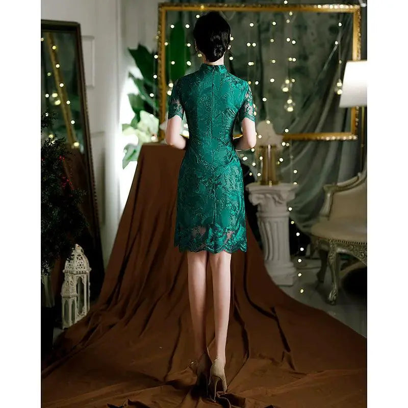 Elegant Green Lace Cheongsam Dress Retro Style Evening Wear