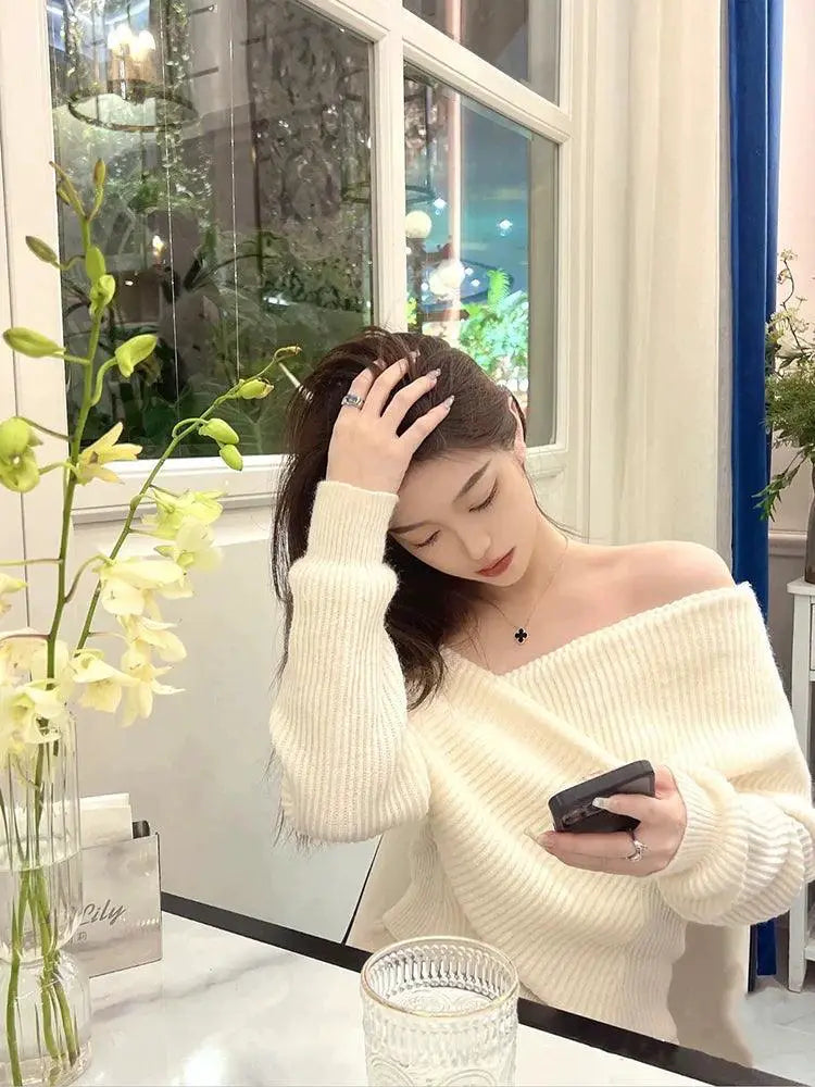 White Knit V Neck Sweater Off Shoulder Design Chic