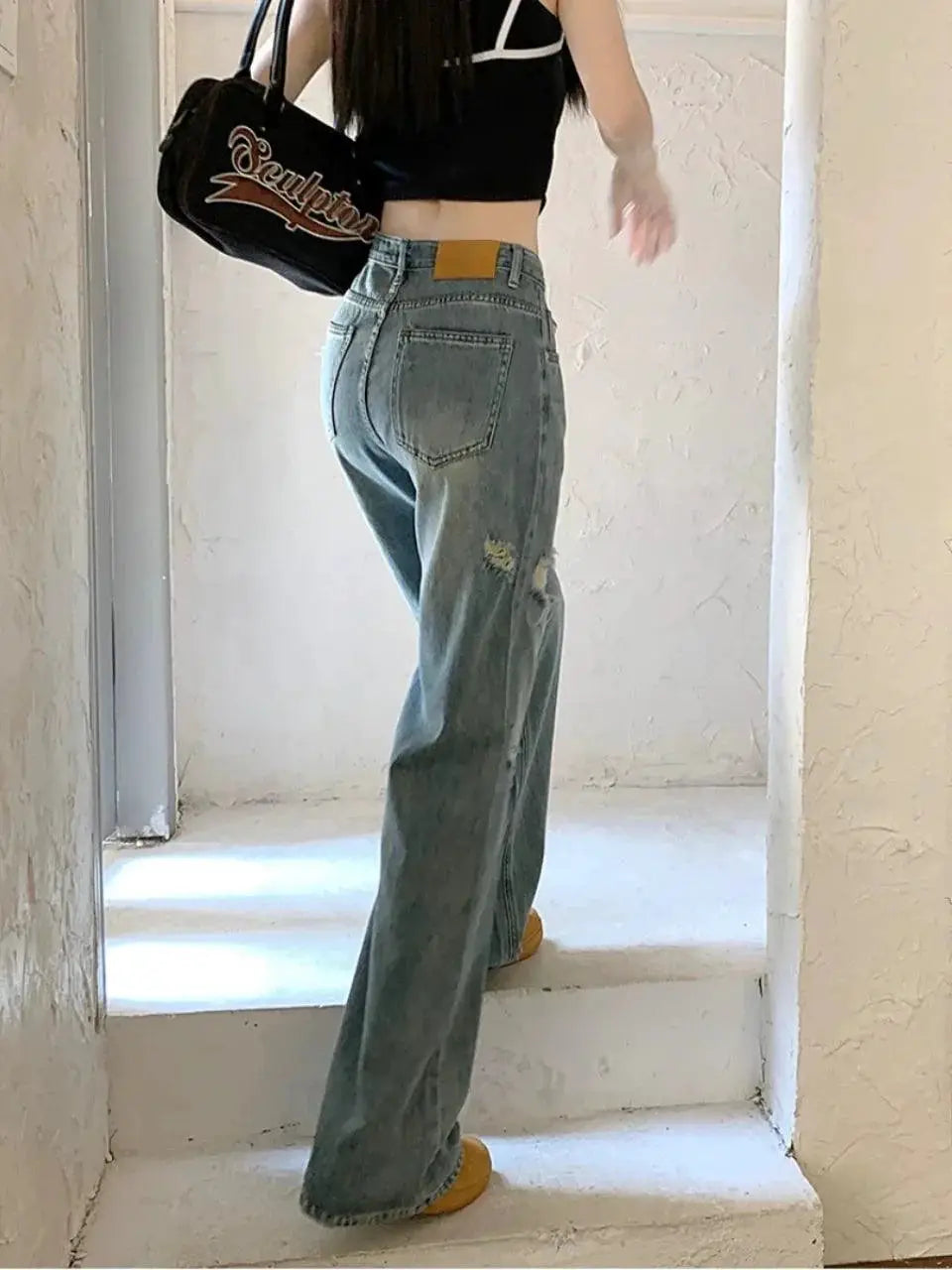 Retro Distressed Wide Leg Denim Jeans Street Style
