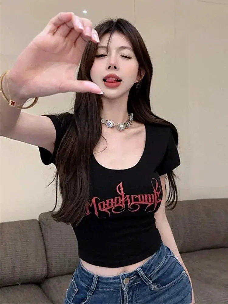 Sexy U Collar Shoulder Short Sleeve Tee For Women Style