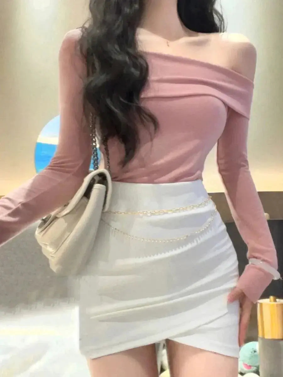 Pink Off Shoulder Slim Fit T Shirt Korean Chic Style