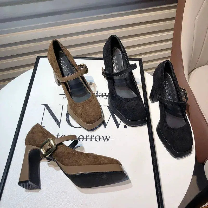 Mary Jane Vintage Suede Heels Retro Chic Korean Style