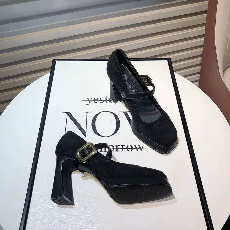 Mary Jane Vintage Suede Heels Retro Chic Korean Style