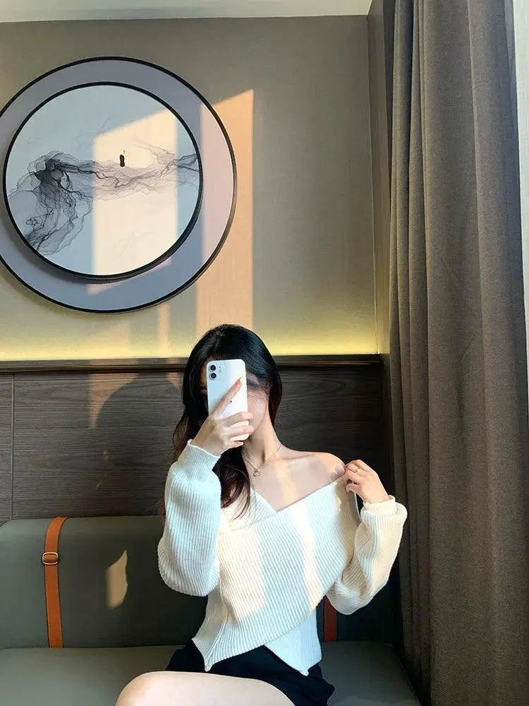 White Knit V Neck Sweater Off Shoulder Design Chic