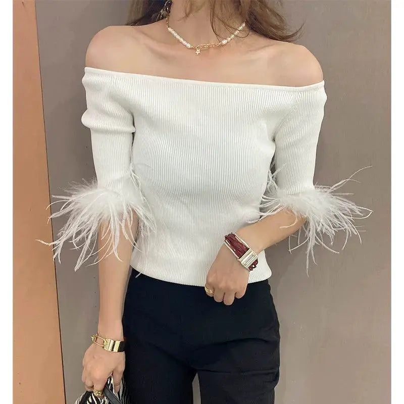 Feather Stitching Rayon Knit Off Shoulder Top Stylish Choice