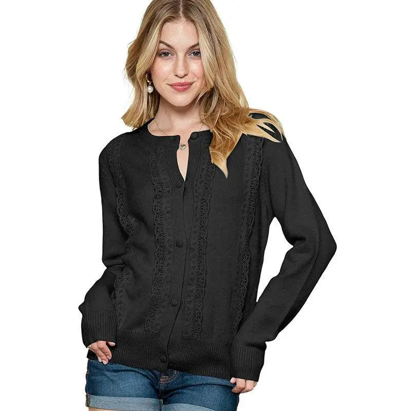 Autumn Crew Neck Cardigan Lace Trim European American Style
