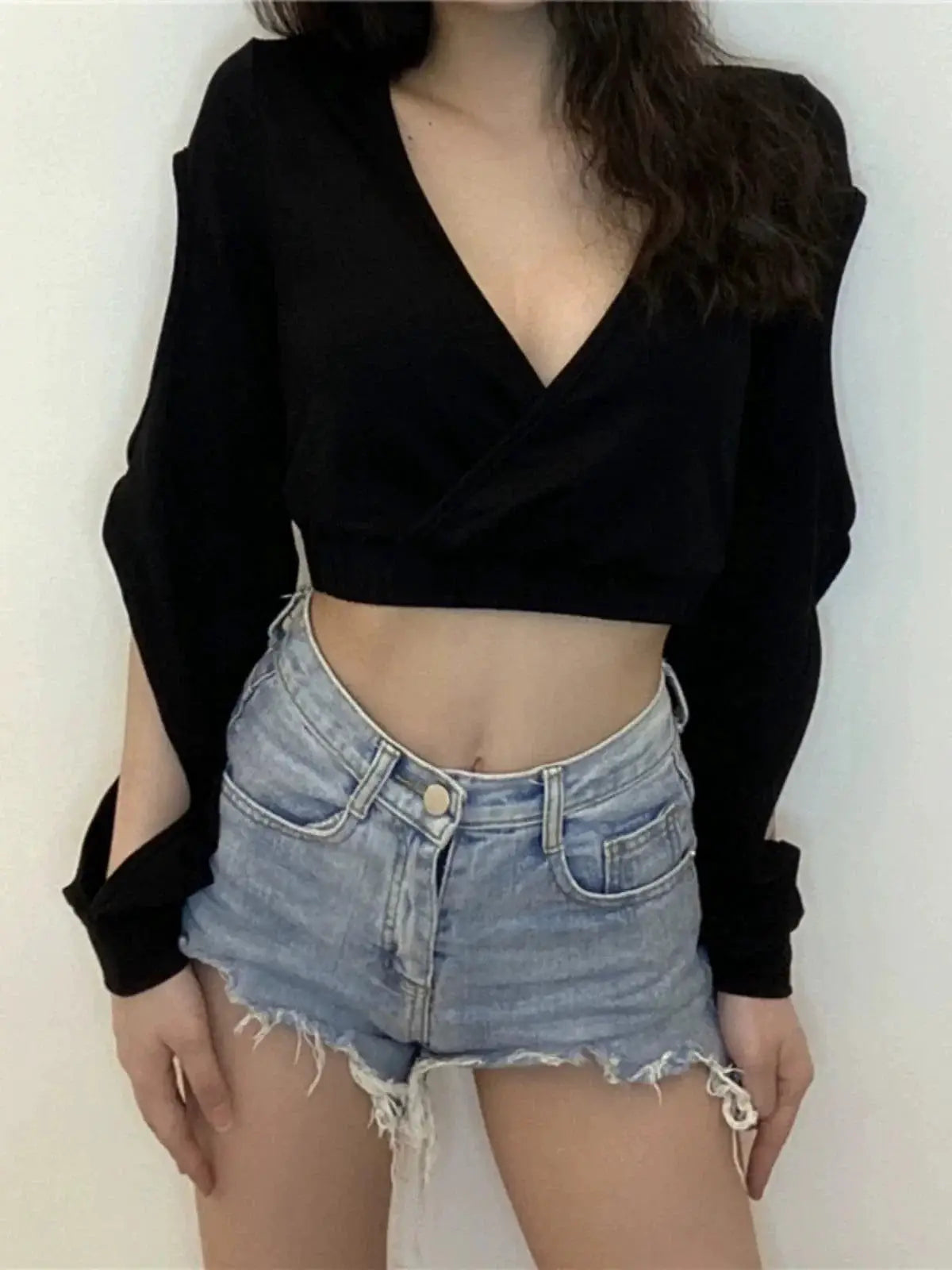 Gagaopt Black V Neck Top With Trendy Cutout Sleeve