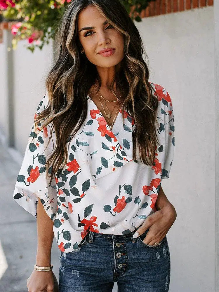 Loose Fit Pullover Floral Print Top Half Sleeve Summer