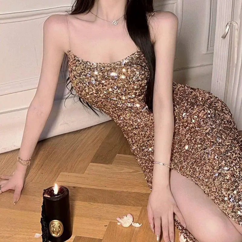 Golden Sequin Sling Dress Glamorous Party Wear Slim Looking