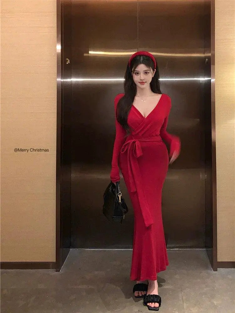 Red Knitted Dress Lace Up Waist For Modern Women Chic