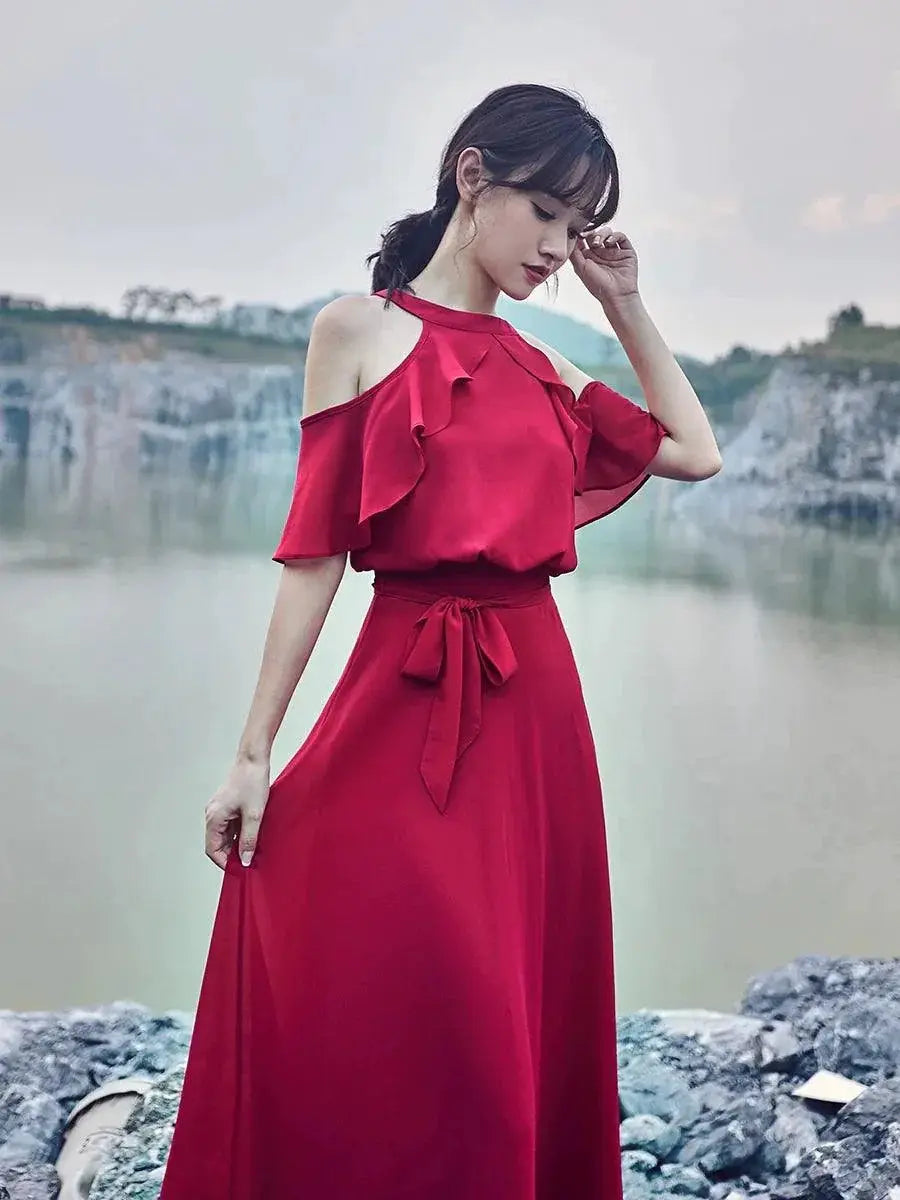 Nara Red Bohemian Chiffon Dress Off Shoulder Summer Style