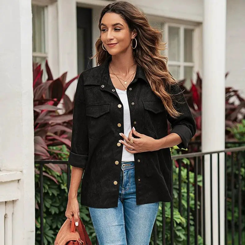 Pure Color Snap Button Loose Suede Shirt Coat Chic