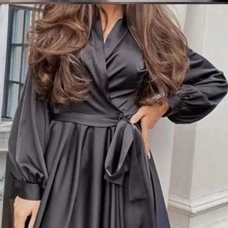 Belted V Neck Long Sleeves Solid Color A Line Dress