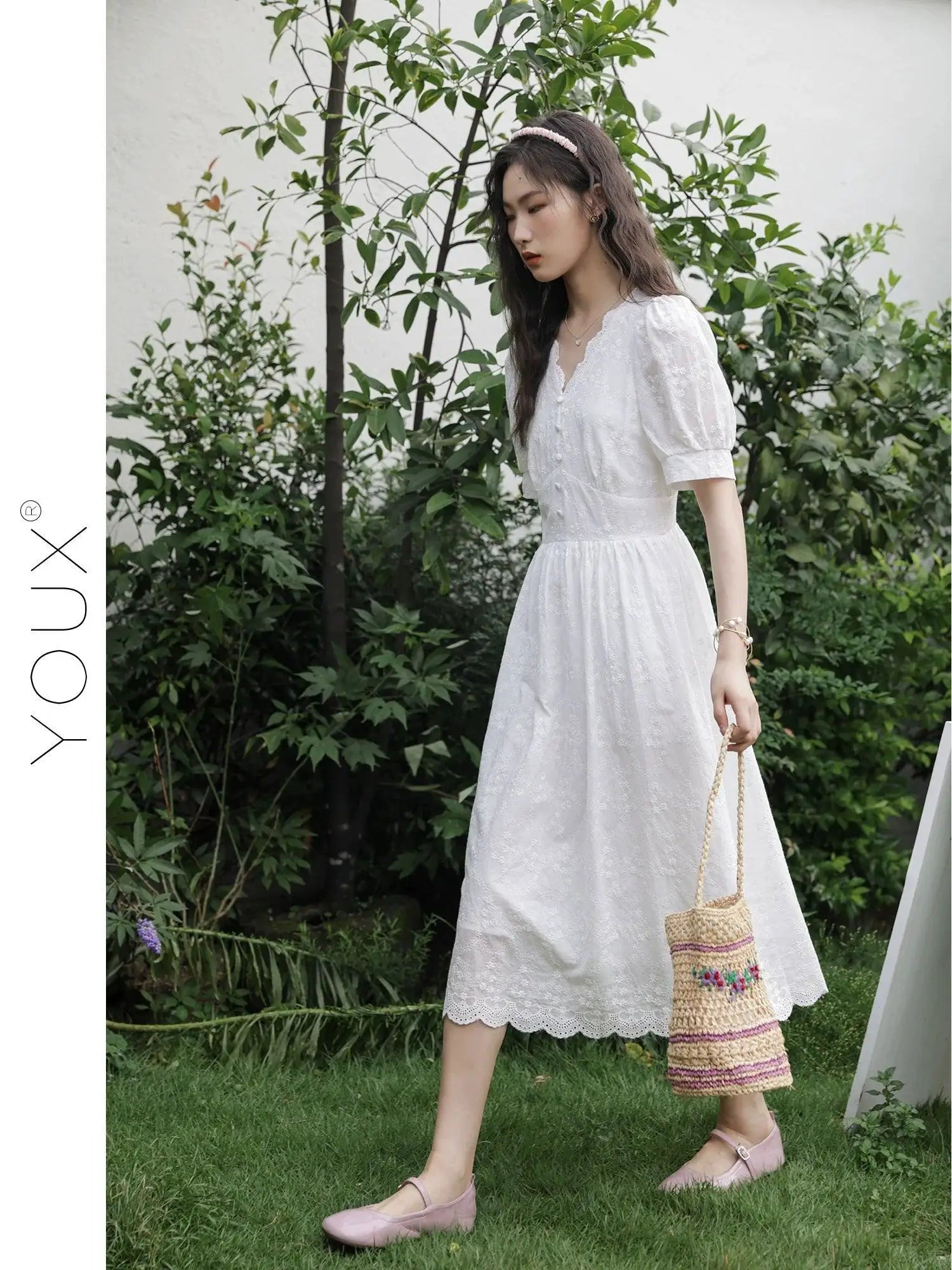 French Elegance V Neck Midi Dress for Summer Chic Fashion