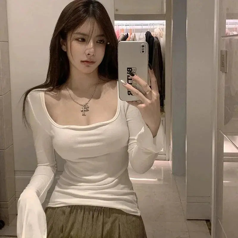 Square Seduction Chic Low Cut Long Sleeve Top For Women