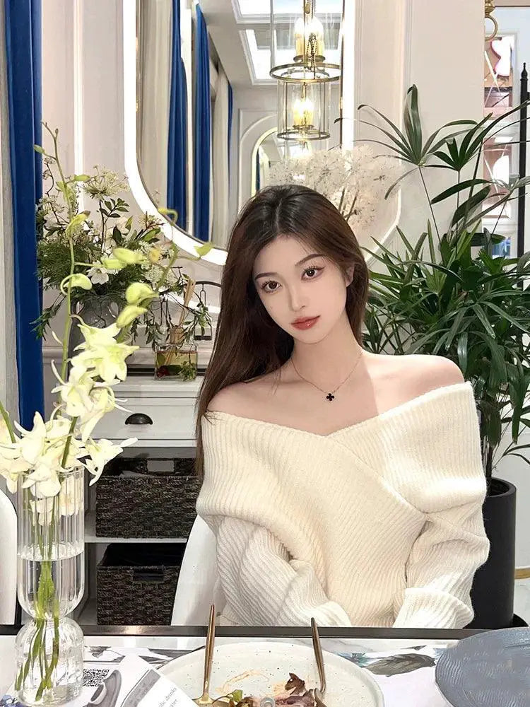White Knit V Neck Sweater Off Shoulder Design Chic