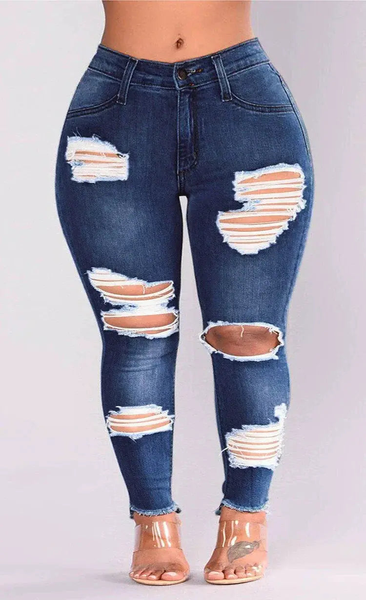 L To 5XL Plus Size Stretch Ripped Jeans High Rise Denim