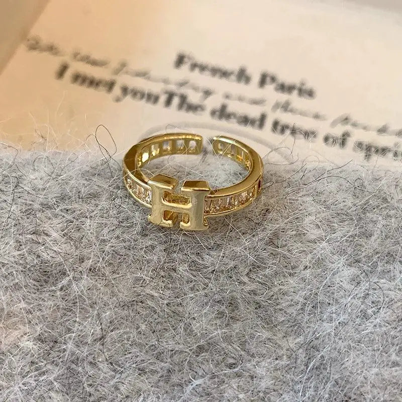 Letter Ring For Women Retro Opening Gold Index Finger Zircon