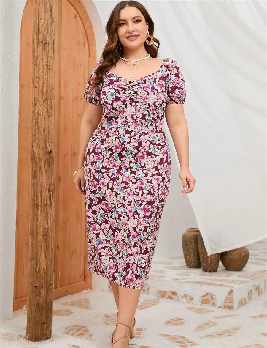 Plus Size Floral Puff Sleeve Dress Summer Chic Garden Party