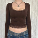 Stylish Dark Square Neck T-shirt Trendy Lace Trim Fashion