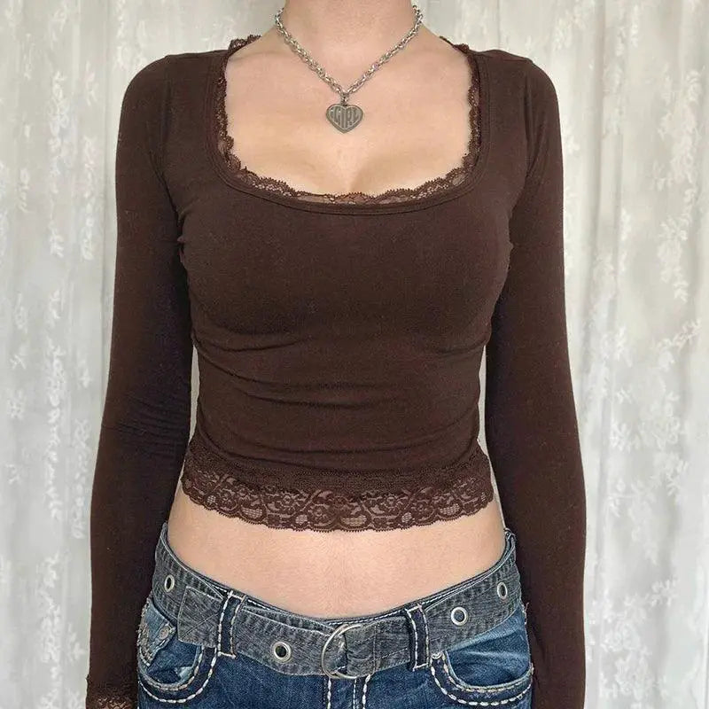 Dark Square Neck T Shirt With Lace Trim Fashion Edition