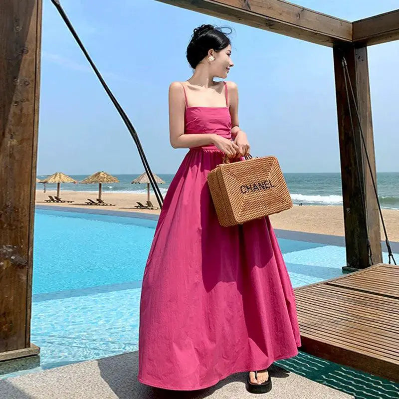 Rose Red French Style Seaside Sling Dress For Summer 2023